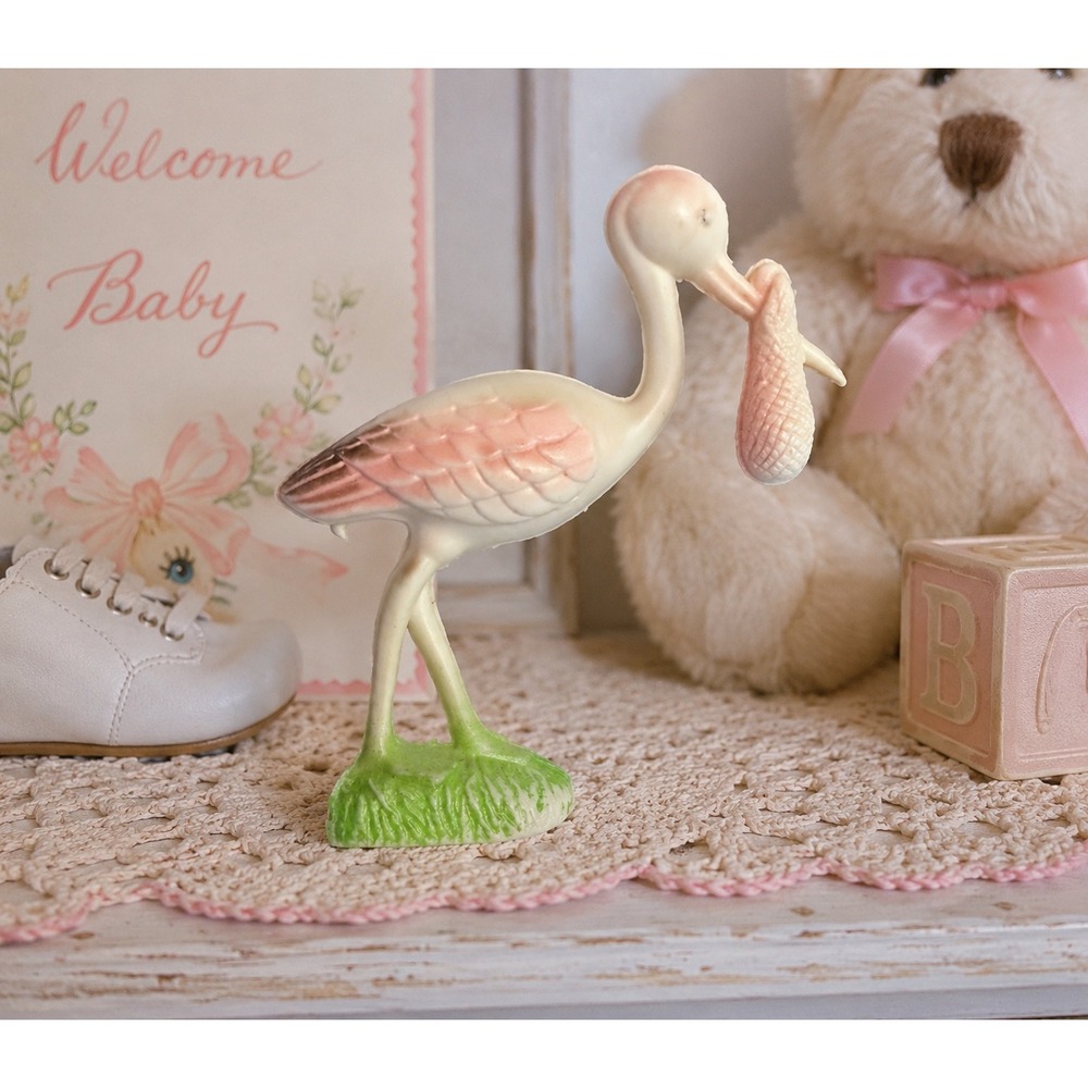 Vintage Pink Stork Carrying Baby‎ Plastic Cake Topper Baby Shower Nursery Decor
